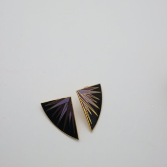 Vintage Isle of Skye Purple & Black Fan Earrings, Cloisonné Gold Plated Enamel - Picture 3 of 9